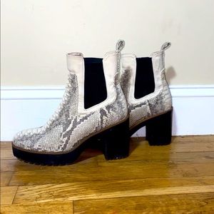 Chinese Laundry Good Day Ankle Boots in cream & grey snakeskin print.